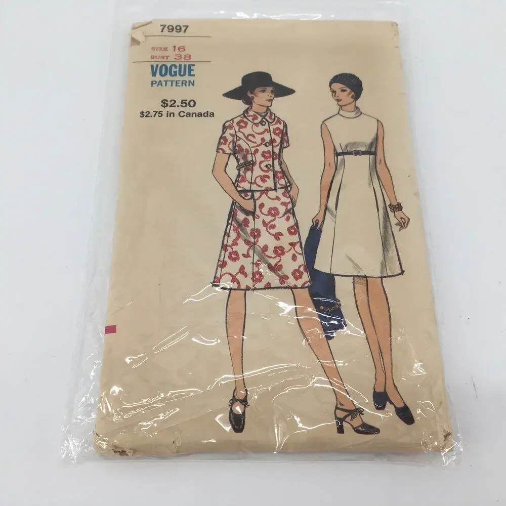Vtg 1970s Vogue 7997 Dress Jacket Sewing Pattern Size 16 Bust 38 Mod A-Line 70s